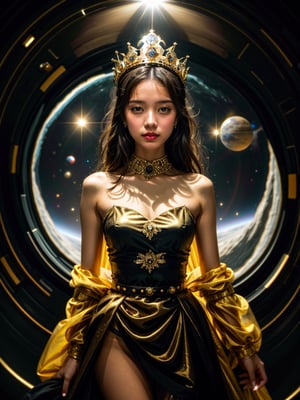 Realistic 16K resolution photography of A girl wearing golden crown and black fashionable dress, standing on outer space planet.
break, 
1 girl, Exquisitely perfect symmetric very gorgeous face, Exquisite delicate crystal clear skin, Detailed beautiful delicate eyes, perfect slim body shape, slender and beautiful fingers, nice hands, perfect hands, illuminated by film grain, realistic skin, dramatic lighting, soft lighting, exaggerated perspective of ((fisheye lens depth)),