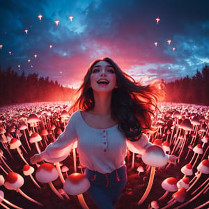 (1 girl), photo-realistic depiction of heartwarming and cheerful scene of a cute character joyfully girl, diffused lighting, standing in a valley of glowing mushroom, windy, Twilight, sky with red and blue shadow tones, RAW photo, symmetry photo, epic scale, fish-eye lens, wide-angle lens, insane details, 
break 
(1 girl, medium long hair, braid hair, silver hair, athletic slim body, perfect body shape), fashion colorful dress, toplessness,
