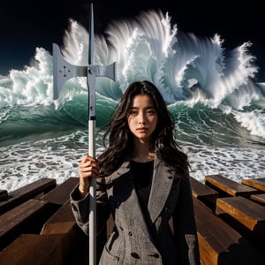 Realistic 16K resolution photography of a girl with nice hair, floating in winds, wearing fashionable black and gary suits, waving halberd, standing on the wave absorbing block on the seaside at night, huge waves are beating against the wave absorbing block,
break, 
1 girl, Exquisitely perfect symmetric very gorgeous face, Exquisite delicate crystal clear skin, Detailed beautiful delicate eyes, perfect slim body shape, slender and beautiful fingers, nice hands, perfect hands, illuminated by film grain, realistic skin, dramatic lighting, soft lighting, exaggerated perspective of ((fisheye lens depth)),