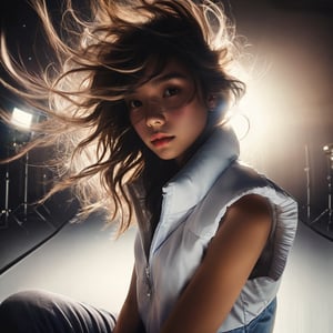 Realistic 16K resolution Indigo tone colors photography of a girl, Wearing a white vest, her messy hair flows in the wind, in outer space,
break, 
1 girl, Exquisitely perfect symmetric very gorgeous face, Exquisite delicate crystal clear skin, Detailed beautiful delicate eyes, perfect slim body shape, slender and beautiful fingers, nice hands, perfect hands, illuminated by film grain, realistic skin, dramatic lighting, soft lighting, exaggerated perspective of ((fisheye lens depth)),