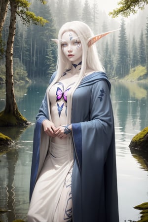 nightelf, (((extreme white albino skin color))), ((extrem long white hair color)), (grey Eyes), (Beautiful blue robe) Facial Tattoo, she stands in front of a lake surrounded by a forest, on her left hand sits a butterfly