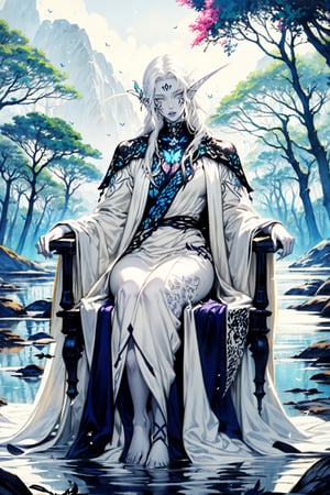 nightelf, full body, (((extreme white albino skin color))), ((extrem long white hair color)), (grey Eyes), (Beautiful blue robe) Facial Tattoo, she stands in front of a lake surrounded by a forest, on her left hand sits a butterfly
