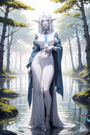 nightelf, full body, (((extreme white albino skin color))), ((extrem long white hair color)), (grey Eyes), (Beautiful blue robe) Facial Tattoo, she stands in front of a lake surrounded by a forest, on her left hand sits a butterfly