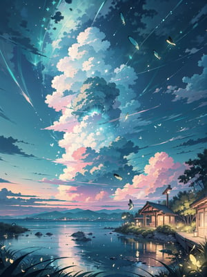 (masterpiece), science fiction, scenery,outdoors, ocean, day, ,firefliesfireflies, portrait sky, cloud.