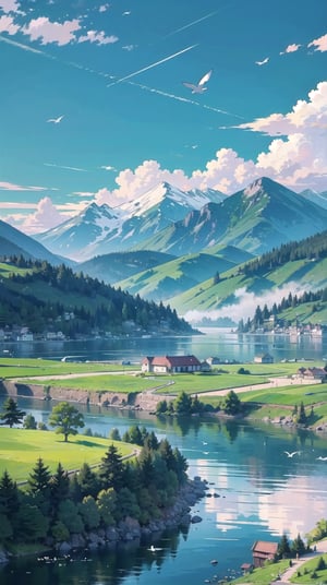a landscape with blue skies, white clouds, in the cloud view leading towards a radiant horizon. Seeing the beauty of lake, village and mountain. A lot of birds, and people playing around in the grass