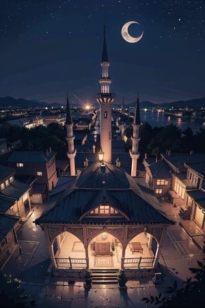 Create a digital illustration featuring mosque building from village top view with bright Under the moonless sky, The crescent, elusive and veiled, refuses to reveal itself. In this darkness, hearts flutter with anticipation. Whispers of uncertainty weave through the air, like threads of silver.  Mosque building should be the point of interest here.