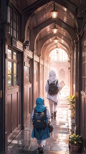 A person returning home from a mosque study session.