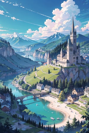 Create a digital illustration featuring a small village in a mountain valley with bright blue skies and white clouds, and a calm blue lake in the distance.