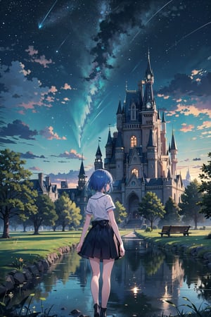 (masterpiece), 1girl, blue hair, cloud, day, dress, fantasy, castle, no humans, outdoors, shirt, short hair, short sleeves, sky, standing, starry sky, tree, water, from behind, glowing