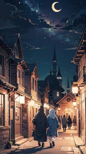 Create a digital illustration featuring village with bright Under the moonless sky, The crescent, reveal itself. In this darkness, people going to mosque with happy vibes.