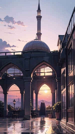 Create a digital illustration of a mosque under the sunset sky. In the mosque alot of people wearing hijab