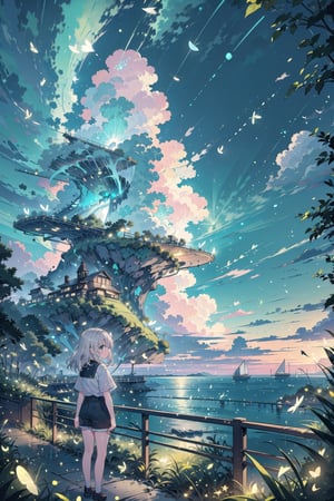 (masterpiece), science fiction, scenery,outdoors, solo girl looking at the clouds, shorts hair, ocean, day, ,firefliesfireflies