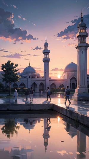 Create a digital illustration featuring mosque Under the moonless sky, in the afternoon with sunset sky, people walking to the mosque, from back view. 