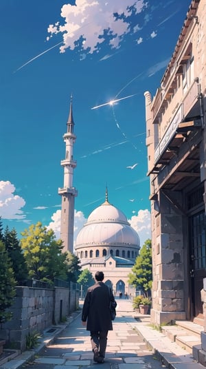 a landscape with blue skies, the events leading up to this moment and a man walking to the mosque while wathcing the mesmerizing structure towards Earth.