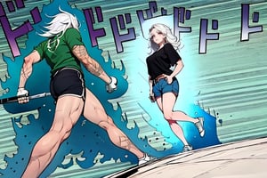 beautiful girl, long hair, white hair, black top with a green t-shirt on top, shorts, with a flirtatious expression, scars, very small breasts, blue eyes, preparing to throw a punch, small tits, small breasts, flat chest,weapon