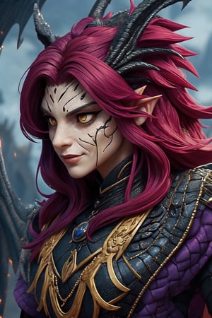 Create a photo realistic of beautiful dragon women, faces covered by dragon scales, raven black wing, long red hair, yellow eyes, 