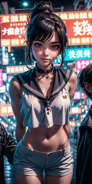 Young woman in ponytail, sailor costume, collar, black hair, glasses, embarrassed smile, arms behind back, open stance, on the street, in front of crowd, cowboy shot, bokeh, masterpiece, super detail, best quality