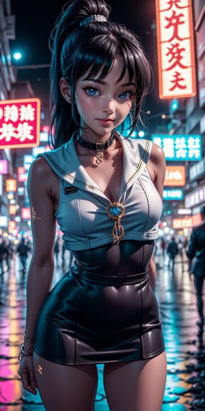 Young woman in ponytail, sailor costume, collar, black hair, glasses, embarrassed smile, arms behind back, open stance, on the street, in front of crowd, cowboy shot, bokeh, masterpiece, super detail, best quality