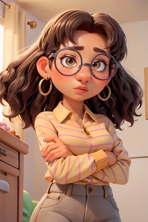 curly brown and gray hair, round-framed glasses, dark eyebrows, brown eyes, pink lips, yellow and white striped zipper shirt, gold earrings, slight frown, <Priya_Mangal>,  dark skin, glasses with 