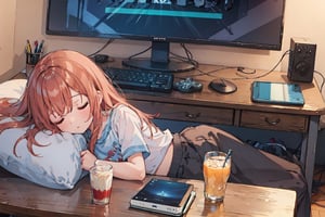 girl, sleeping, gamer table