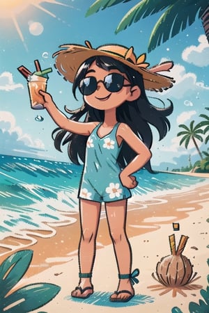 girl, tropical island, straw hat, beach scenery, palm trees, ocean waves, sandy shores, sunny day, relaxed posture, summer attire, floral patterns, holding a banana, smiling expression, sunglasses, seashells, coconut drink.,SmpSk