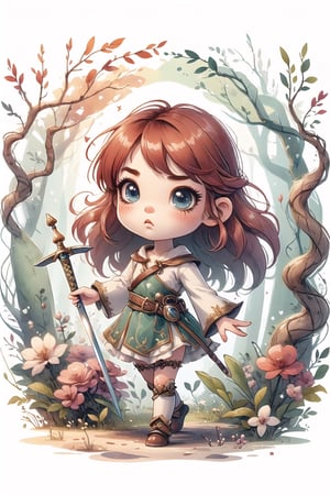 girl, chibi, cute, warrior, sword, fantasy forest, magical creatures, determined expression

,CuteSt1,CrclWc