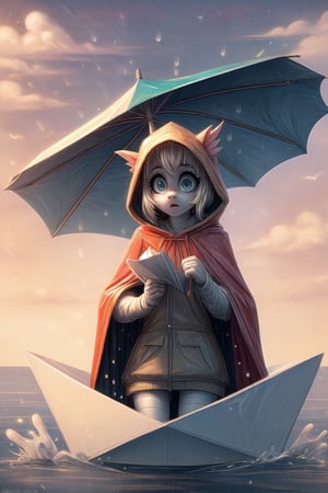 fish girl, holding something, looking at viewer, surprised, hood, umbrella,rain,water,boat,PpprBt