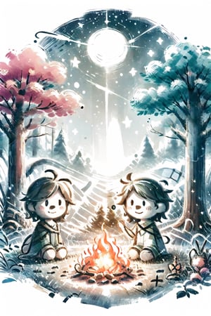 chibi, forest, campfire, night scene, cozy atmosphere, woodland creatures, starlit sky, soft lighting, playful expressions, cute outfits, storytelling, magical elements, friendship, warm glow, enchanted setting,SmpSk,CrclWc