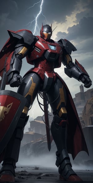Realistic, (masterpiece1.2), (Ultra HDR quality), high detailed body, iron man suit red black knight Armour, glowing hitech armour, Hi-Tech web shooter, hitech weapon, deadly look, Kingdom, runing on ice road, holding thunder gold sword and shield, glowing lightning yellow sword and shield, shining sword and shield, mecha, ezio_soul3142, mask, mobile suit gundam,perfecteyes