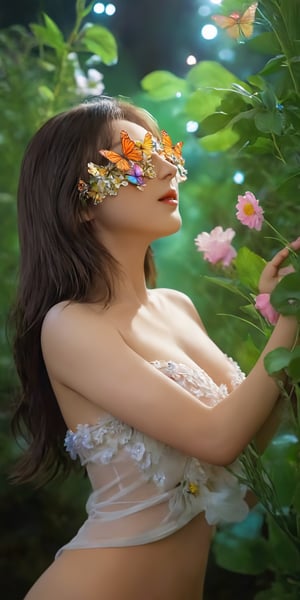 cinematic photo, 4k photo, extremely detail, fairy girl is dancing on the water, light smile, beautiful, flowers explosion, anatomical plants, dark forest, grainy, shiny, with vibrant colors, colorful, ((realistic skin)), glow surreal objects floating, ((floating:1.4)), contrasting shadows, photographic, niji style, soft lighting, fullmoon, midnight, incredible bokeh, ((big_breast:1.5)), short dress, transparent_clothing, (transparent_butterflies), closeup shot, A girl dancing, xxmix_girl,Flower Blindfold