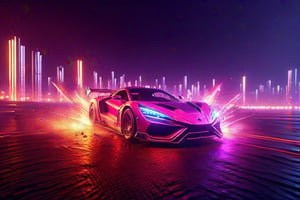 A supercar being chased by helicopters through a neon-lit city at night while the super car is  drifting around a tight corner on a mountain road, sparks flying from its tiresadd a helicopter folowing it.,cyber, 3D SINGLE TEXT