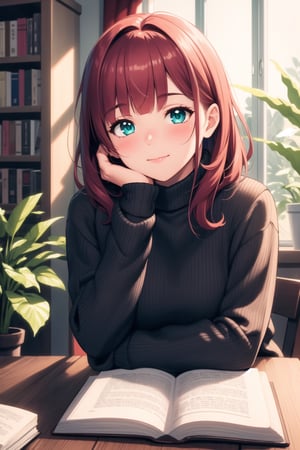 masterpiece, best quality, 1girl, looking at viewer, blush, medium hair, bangs, aqua eyes, long sleeves, sitting, closed mouth, long hair, upper body, red hair, indoors, book, window, plant, head rest, book stack, blunt bangs, sweater, soft smile