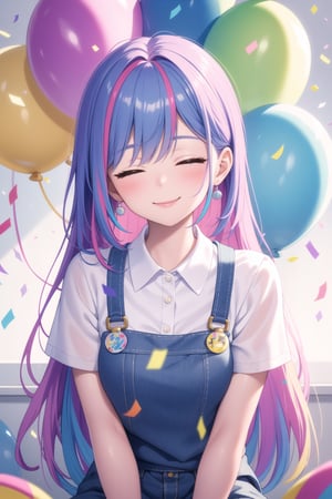 masterpiece, best quality, incredibly absurdres, 1girl, multiple colorful balloon, sitting, happy, closed mouth, painter artist outfit, very long hair, multi colored hair, confetti, upper body, bangs, hand behind back, half-closed eyes