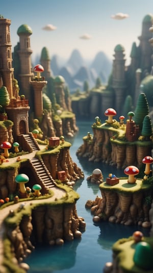 super mario style, Surreal Serenity: Delve into dreamlike landscapes with a tilt-shift effect, capturing the model in a state of ethereal beauty amidst surreal surroundings, posted in mesmerizing 16K resolution for unparalleled clarity