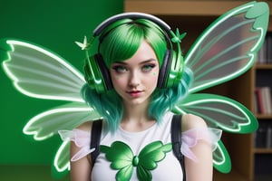 girl dressed in modern fasion with fairy wings, magical girl, green hair, headphones, looking_at_viewer