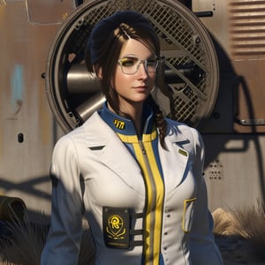 Masterpiece, bunker dweller (female) [Fallout], Madison Doctor. tight blue wetsuit with yellow stripe, shutgun, beautiful face, white doctor apron, (Fallout style), high_resolution, highres, high_Quality, haigh detail, high detailed, Full body, Full_body, brown hair, realistic, high face detail, *beautiful face,DonMM1y4XL