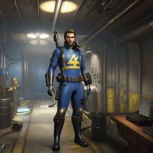 Masterpiece, bunker dweller (male) [Fallout], tight blue wetsuit with yellow stripe, shutgun, beautiful face, white doctor apron, (Fallout style), high_resolution, highres, high_Quality, haigh detail, high detailed, Full body, Full_body, brown hair, realistic, high face detail, *beautiful face,DonMM1y4XL