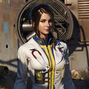 Masterpiece, bunker dweller (female) [Fallout], Madison Doctor. tight blue wetsuit with yellow stripe, stethoscope, beautiful face, white doctor apron, (Fallout style), high_resolution, highres, high_Quality, haigh detail, high detailed, Full body, Full_body, brown hair, realistic, high face detail, *beautiful face,DonMM1y4XL