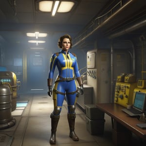 Masterpiece, bunker dweller (female) [Fallout], tight blue wetsuit with yellow stripe, beautiful face, white doctor apron, (Fallout style), high_resolution, highres, high_Quality, haigh detail, high detailed, Full body, Full_body, brown hair, realistic, high face detail, *beautiful face