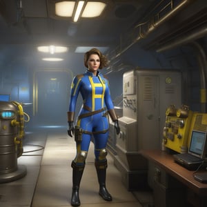 Masterpiece, bunker dweller (female) [Fallout], tight blue wetsuit with yellow stripe, beautiful face, white doctor apron, (Fallout style), high_resolution, highres, high_Quality, haigh detail, high detailed, Full body, Full_body, brown hair, realistic, high face detail, *beautiful face,DonMM1y4XL