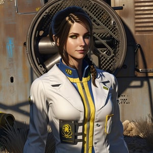 Masterpiece, bunker dweller (female) [Fallout], Madison Doctor. tight blue wetsuit with yellow stripe, stethoscope, beautiful face, white doctor apron, (Fallout style), high_resolution, highres, high_Quality, haigh detail, high detailed, Full body, Full_body, brown hair, realistic, high face detail, *beautiful face,DonMM1y4XL