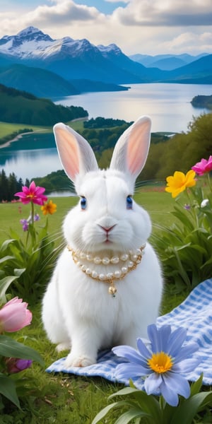 A white dwarf rabbit with blue eyes and small ears with a flower foulard and a pearl necklace, happy and smiling having a pic nic in the grass with a lot of bisquits, landscape with flowers, a lake a castle and mountains, cloudy sky (8k, RAW photo, best quality, masterpiece:1.2), (realistic, photo-realistic:1.37),best quality, ultra high res, (photorealistic:1.4)