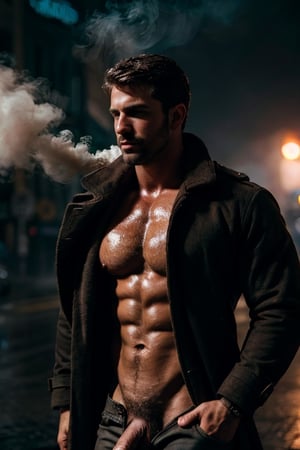 photo of a rugged muscular man, Spanish male, brown hair, 1boy, noir detective man, open shirt, long coat, pants, police department background, signs, wet, penis, raining, holding smoke, realistic, highly detailed, realistic eyes, intricate details, detailed background, depth of field, thriller theme, serious theme, (dark atmosphere:0.7), dramatic, (bokeh, film grain, motion blur, atmospheric, cinematic movie still), cinemascope, moody, epic, gorgeous, muted color, style of Casey Baugh, vignette, vfx, light particles, fog, dynamic pose, dynamic angle, sexy muscular,(MkmCut)