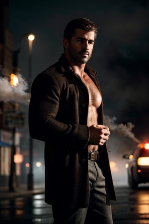photo of a rugged muscular man, Spanish male, brown hair, 1boy, noir detective man, open shirt, long coat, pants, police department background, signs, wet, raining, holding smoke, realistic, highly detailed, realistic eyes, intricate details, detailed background, depth of field, thriller theme, serious theme, (dark atmosphere:0.7), dramatic, (bokeh, film grain, motion blur, atmospheric, cinematic movie still), cinemascope, moody, epic, gorgeous, muted color, style of Casey Baugh, vignette, vfx, light particles, fog, dynamic pose, dynamic angle, handsome male, sexy muscular,Sexy Muscular,(MkmCut)