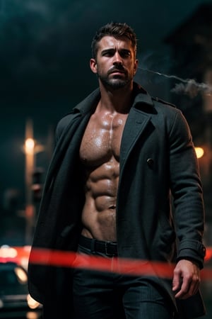 photo of a rugged muscular man, Spanish male, brown hair, 1boy, noir detective man, open shirt, long coat, pants, police department background, signs, wet, raining, holding smoke, realistic, highly detailed, realistic eyes, intricate details, detailed background, depth of field, thriller theme, serious theme, (dark atmosphere:0.7), dramatic, (bokeh, film grain, motion blur, atmospheric, cinematic movie still), cinemascope, moody, epic, gorgeous, muted color, style of Casey Baugh, vignette, vfx, light particles, fog, dynamic pose, dynamic angle, handsome male, Sexy Muscular