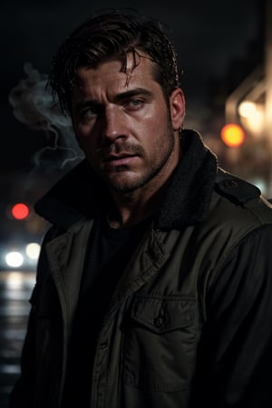 photo of a rugged muscular man, Spanish male, brown hair, 1boy, noir detective man, open shirt, long coat, pants, police department background, signs, wet, raining, holding smoke, realistic, highly detailed, realistic eyes, intricate details, detailed background, depth of field, thriller theme, serious theme, (dark atmosphere:0.7), dramatic, (bokeh, film grain, motion blur, atmospheric, cinematic movie still), cinemascope, moody, epic, gorgeous, muted color, style of Casey Baugh, vignette, vfx, light particles, fog, dynamic pose, dynamic angle,Detailedface