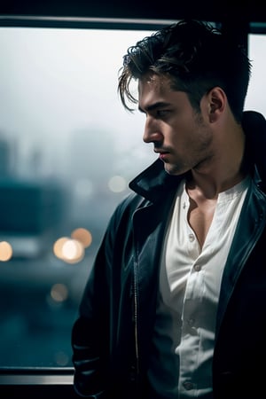photo of a rugged muscular man, Spanish male, brown hair, 1boy, noir detective man, open shirt, long coat, pants, police department background, signs, wet, penis, raining, holding smoke, realistic, highly detailed, realistic eyes, intricate details, detailed background, depth of field, thriller theme, serious theme, (dark atmosphere:0.7), dramatic, (bokeh, film grain, motion blur, atmospheric, cinematic movie still), cinemascope, moody, epic, gorgeous, muted color, style of Casey Baugh, vignette, vfx, light particles, fog, dynamic pose, dynamic angle, sexy muscular