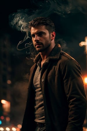 photo of a rugged muscular man, Spanish male, brown hair, 1boy, noir detective man, open shirt, long coat, pants, police department background, signs, wet, penis, raining, holding smoke, realistic, highly detailed, realistic eyes, intricate details, detailed background, depth of field, thriller theme, serious theme, (dark atmosphere:0.7), dramatic, (bokeh, film grain, motion blur, atmospheric, cinematic movie still), cinemascope, moody, epic, gorgeous, muted color, style of Casey Baugh, vignette, vfx, light particles, fog, dynamic pose, dynamic angle, sexy muscular,(MkmCut)