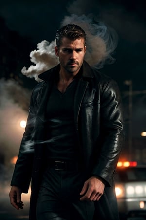 photo of a rugged muscular man, Spanish male, brown hair, 1boy, noir detective man, open shirt, long coat, pants, police department background, signs, wet, raining, holding smoke, realistic, highly detailed, realistic eyes, intricate details, detailed background, depth of field, thriller theme, serious theme, (dark atmosphere:0.7), dramatic, (bokeh, film grain, motion blur, atmospheric, cinematic movie still), cinemascope, moody, epic, gorgeous, muted color, style of Casey Baugh, vignette, vfx, light particles, fog, dynamic pose, dynamic angle, handsome male, sexy muscular,Sexy Muscular,(MkmCut)