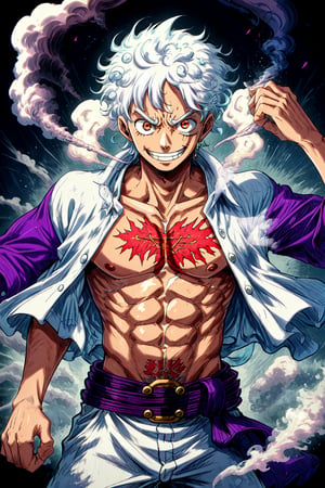 (Oval:1.3),Luffy, Desing close Portrait of 1boy with white hair fuchsias and great Smilex3, his shirt is white and is developed by seeing his strong chest that has a huge scar in the middle has a purple belt and has ornaments around his body type white smoke and Energyblue,One piece style
